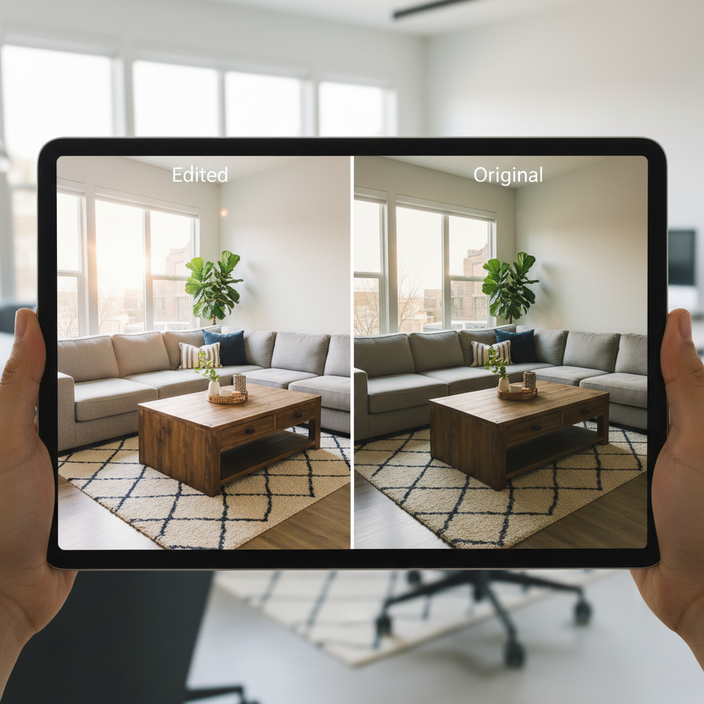 Screenshot of edited vs original living room photo