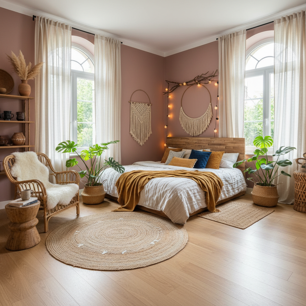 Stylized bohemian bedroom after design