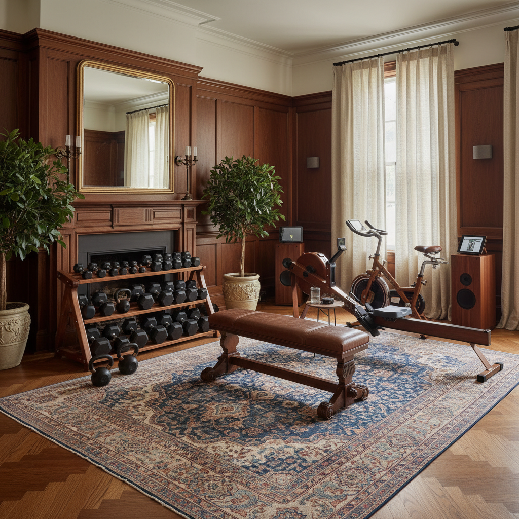 Image of a traditional home gym setup with wooden accents and elegant decor.