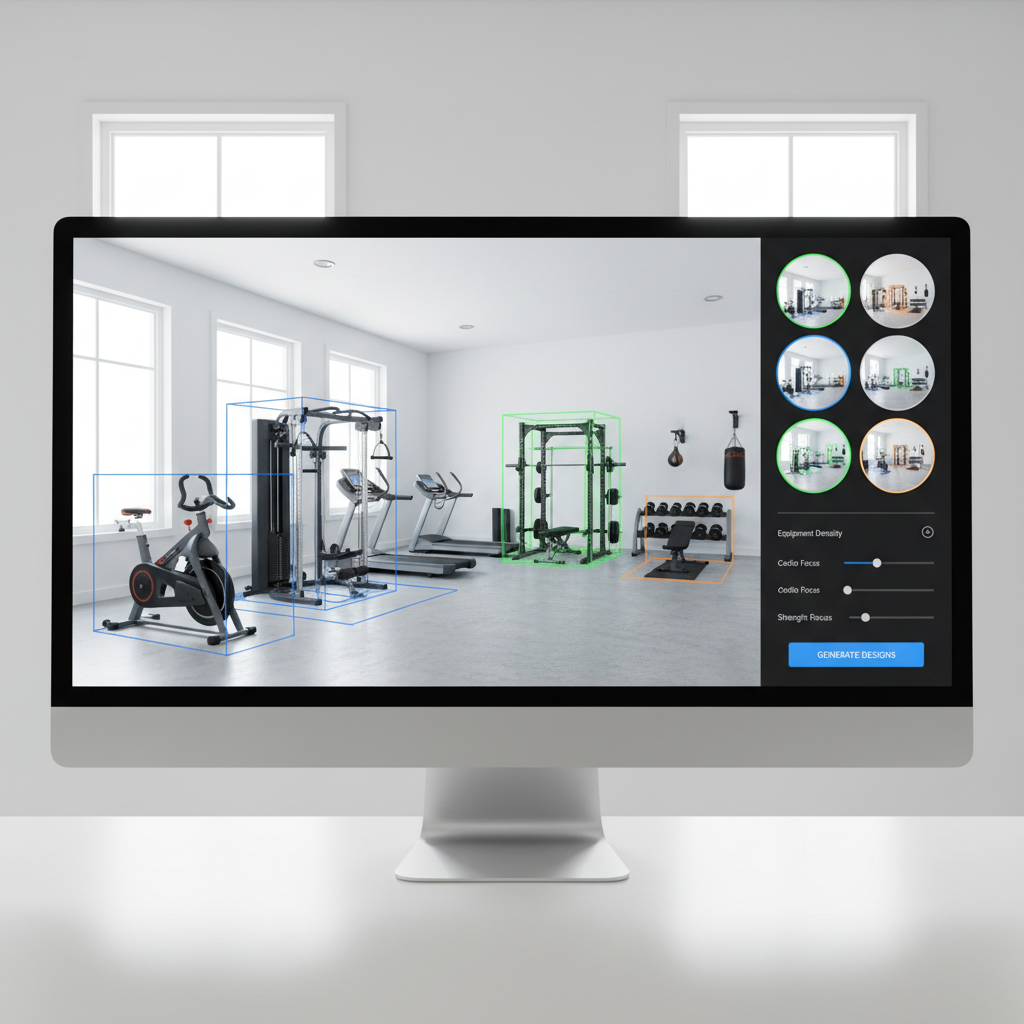 Screenshot of an AI design tool showing various suggestions for a home gym layout.