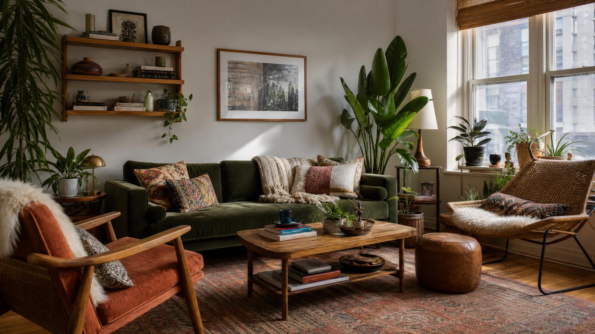 A small bohemian-style living room showing eclectic furniture and textiles.