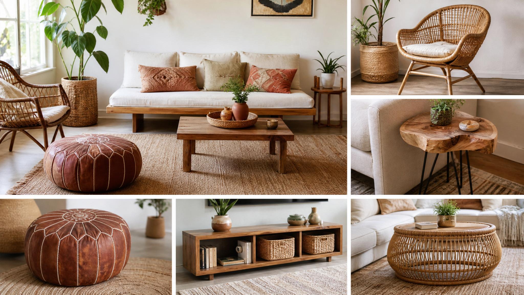 A collage of essential bohemian furniture pieces suitable for small living rooms.
