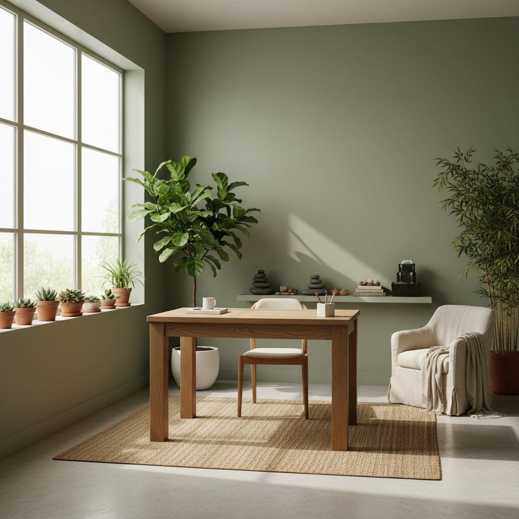 Image of a calming Zen home office with plants and natural light.