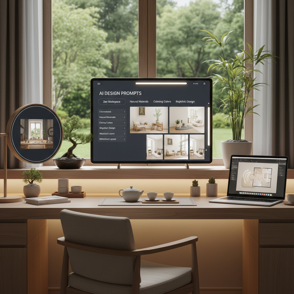 Image of AI tools showcasing design prompts for a Zen workspace.