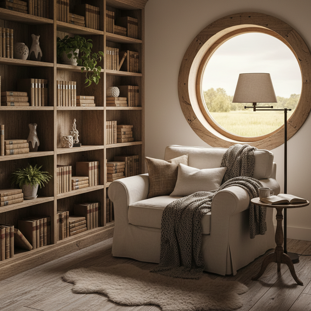 Image of a cozy farmhouse reading nook with a comfy chair, bookshelves, and soft lighting.