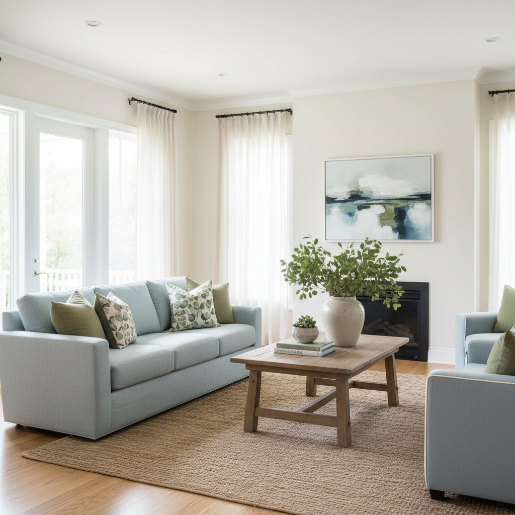 Image showcasing a color palette featuring soft whites, pale blues, and earthy greens.