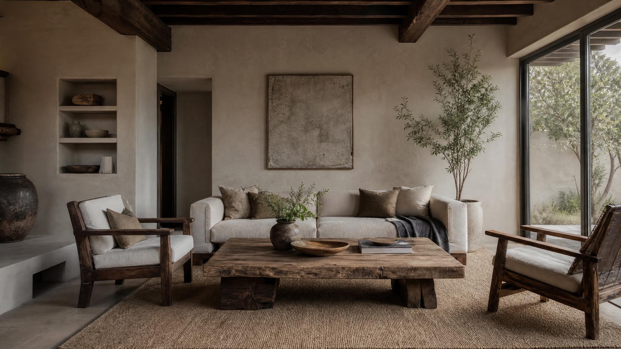 A beautifully arranged small living room featuring wabi-sabi elements like rustic furniture and natural materials.