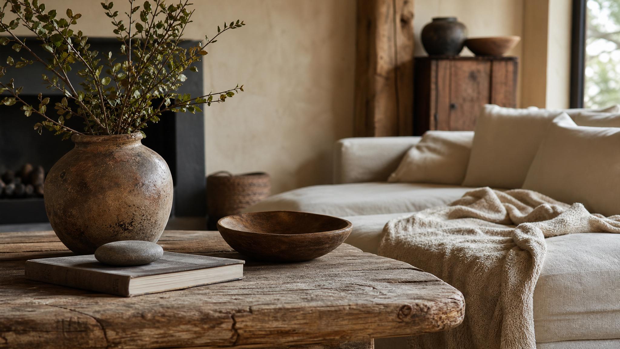 Close-up of natural textures like wood, pottery, and textiles in a wabi-sabi styled living room.