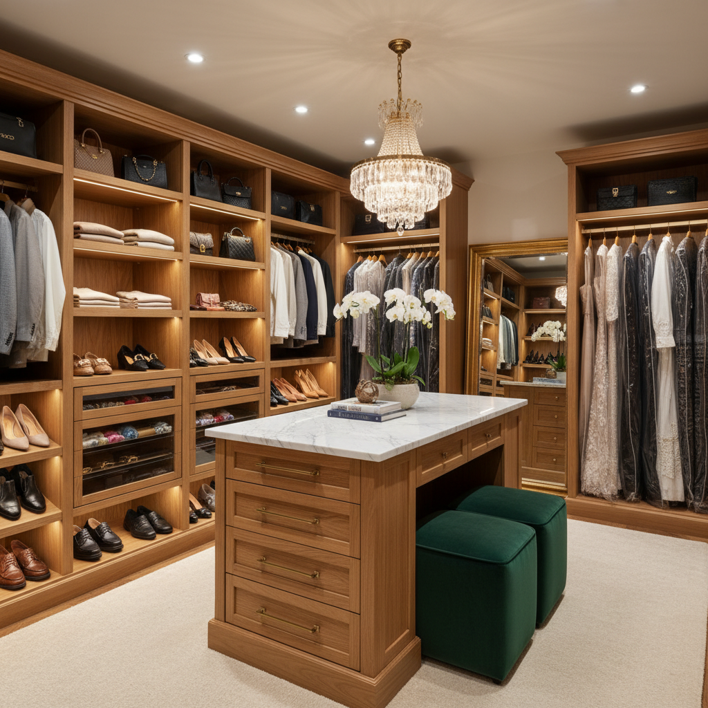 A beautifully staged walk-in closet showcasing stylish organization.