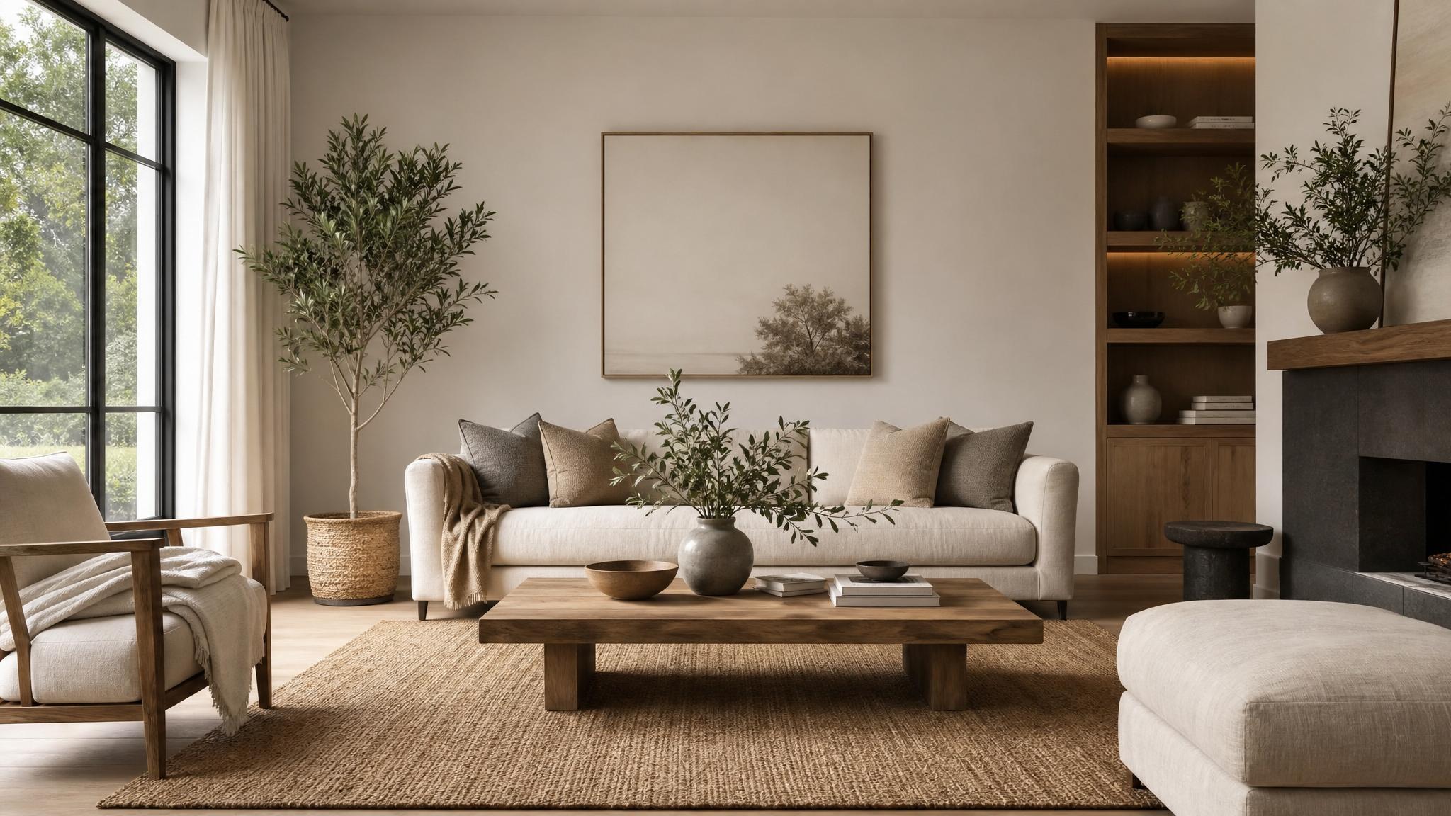 A serene living room showcasing warm minimalism with neutral tones.