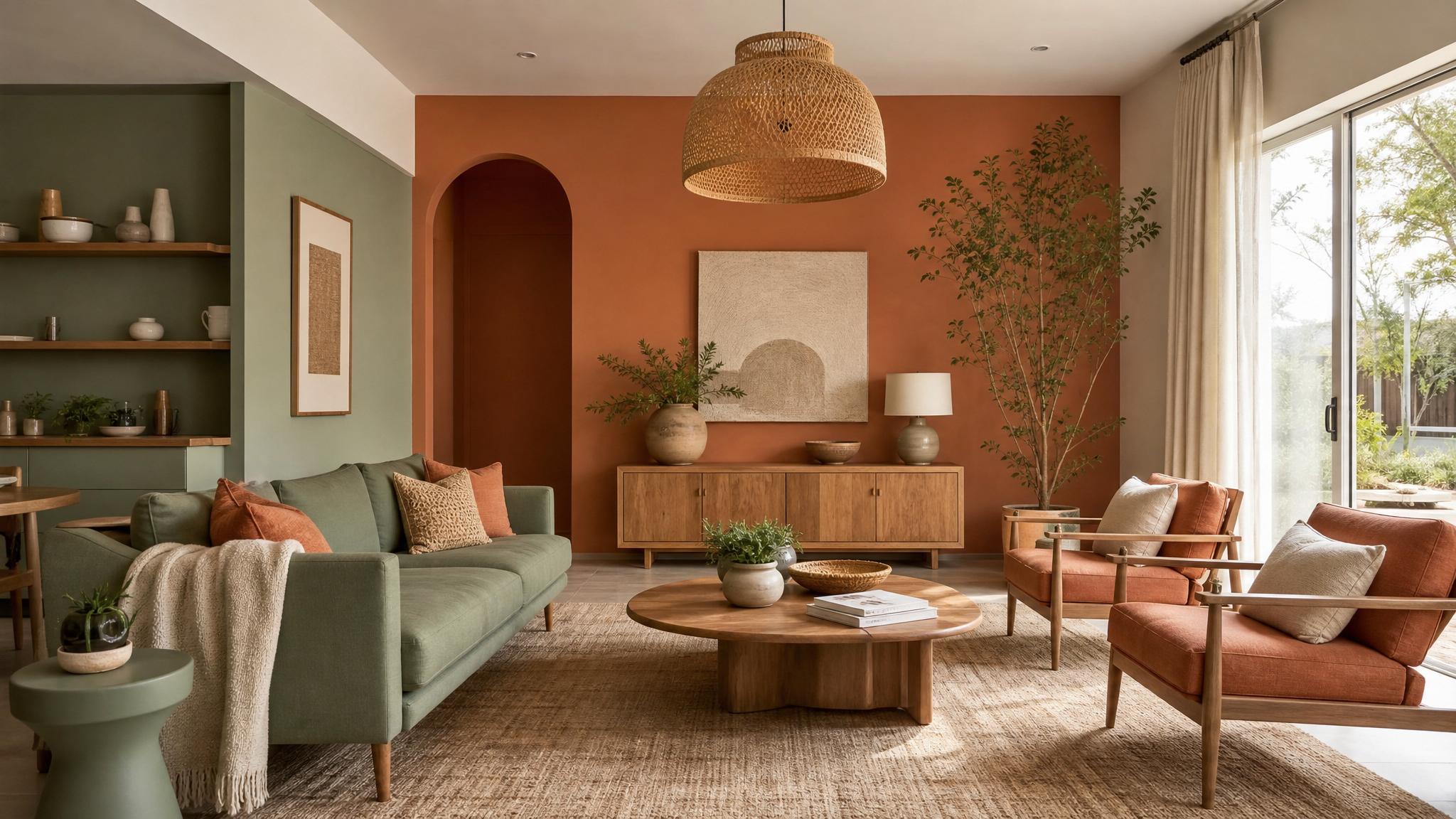 A stylish living room featuring a combination of terracotta and sage green tones.