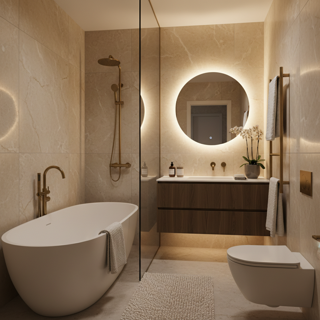 Image of a small bathroom styled with quiet luxury design elements.