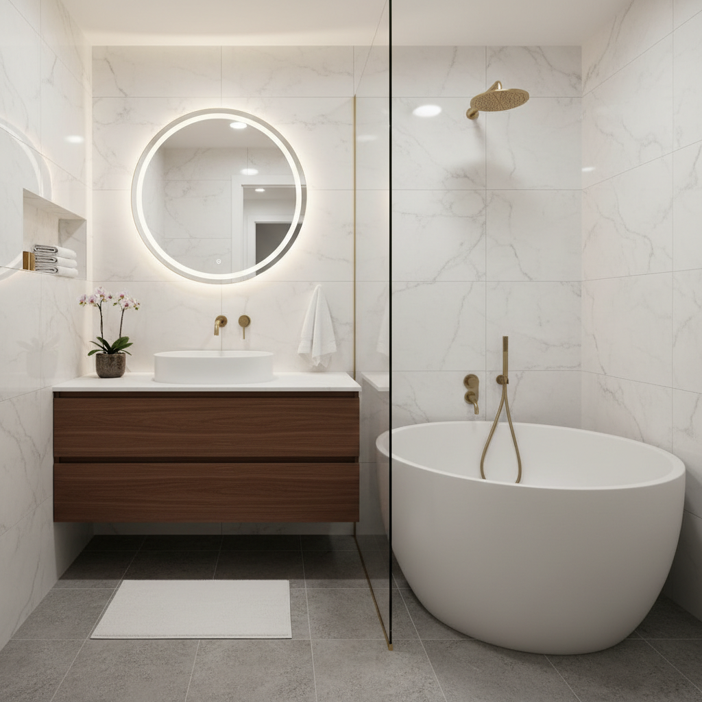 Image of a minimalist yet stylish small bathroom showcasing luxurious materials.