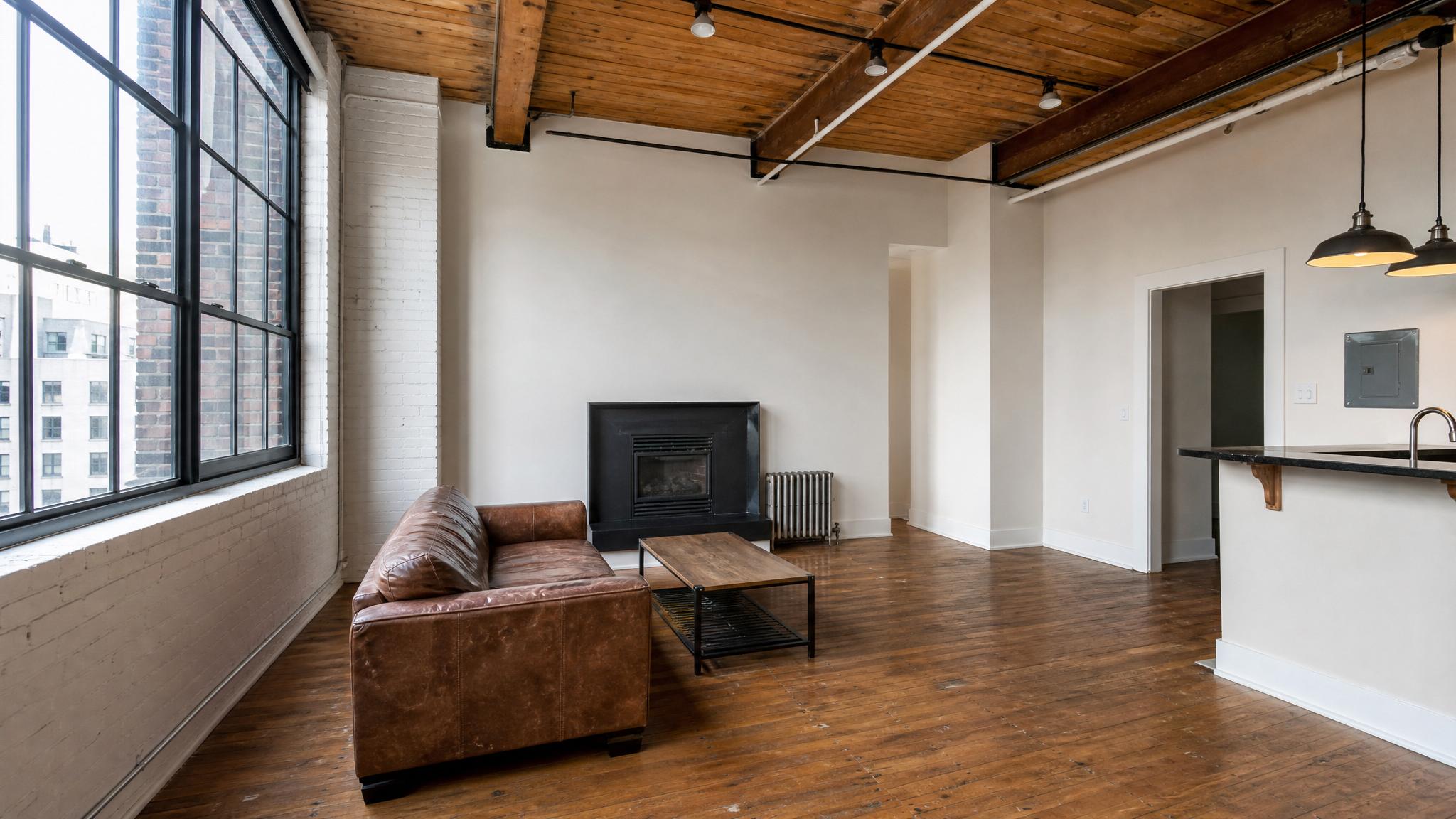 Before transformation image of a small urban loft living room.