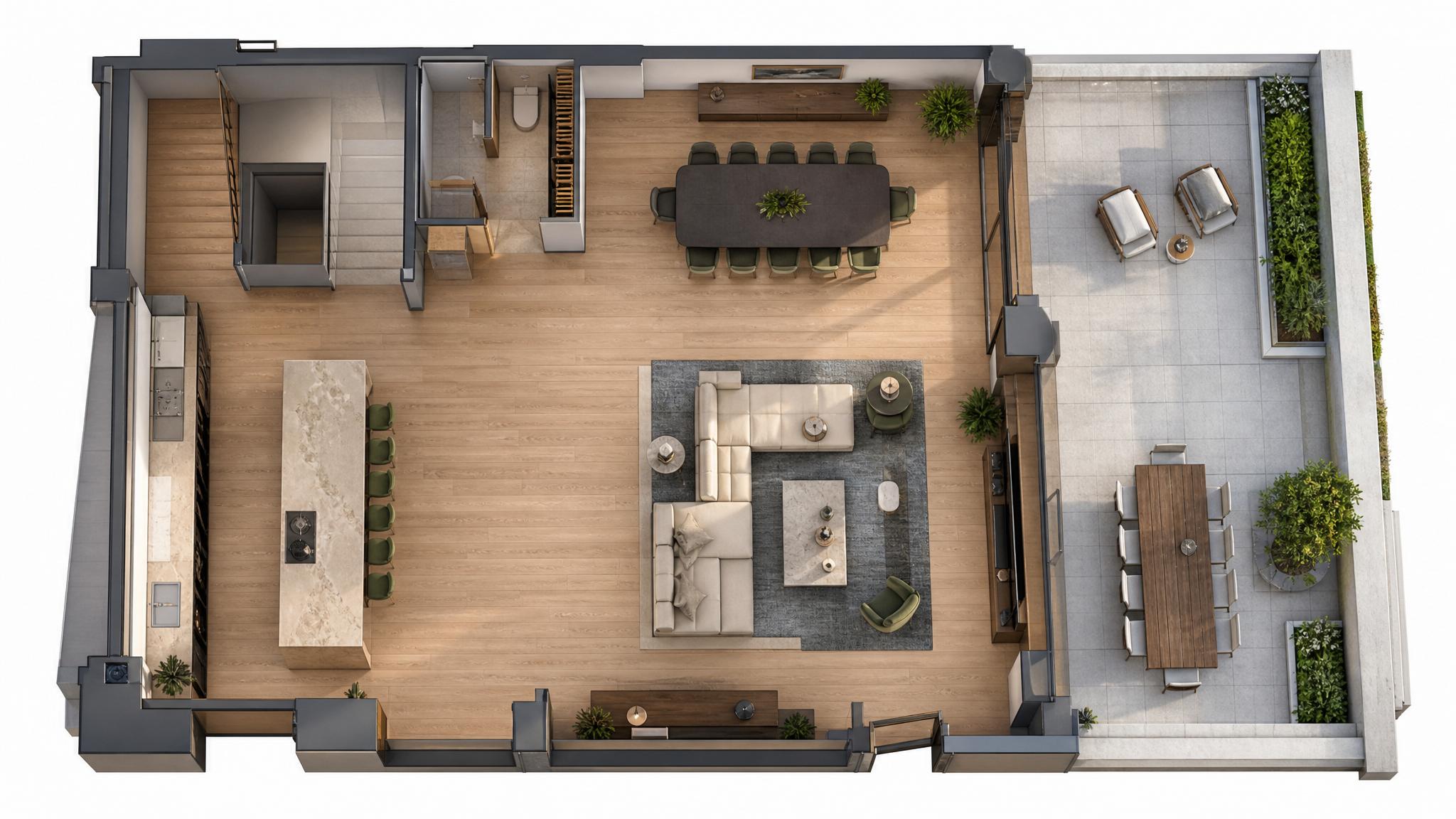 Layout diagram of the penthouse apartment living room plan.