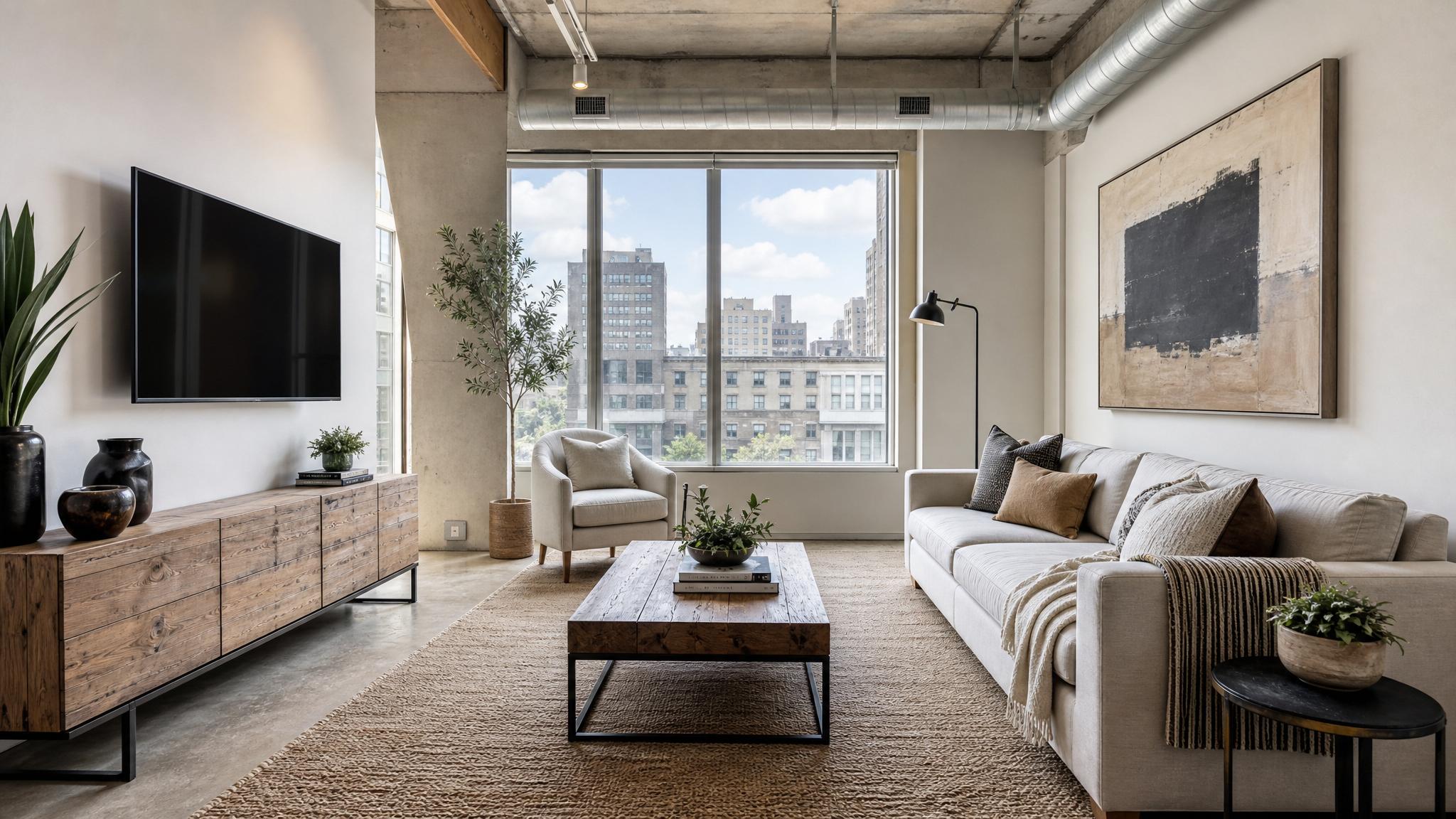 After transformation image of the small urban loft living room.