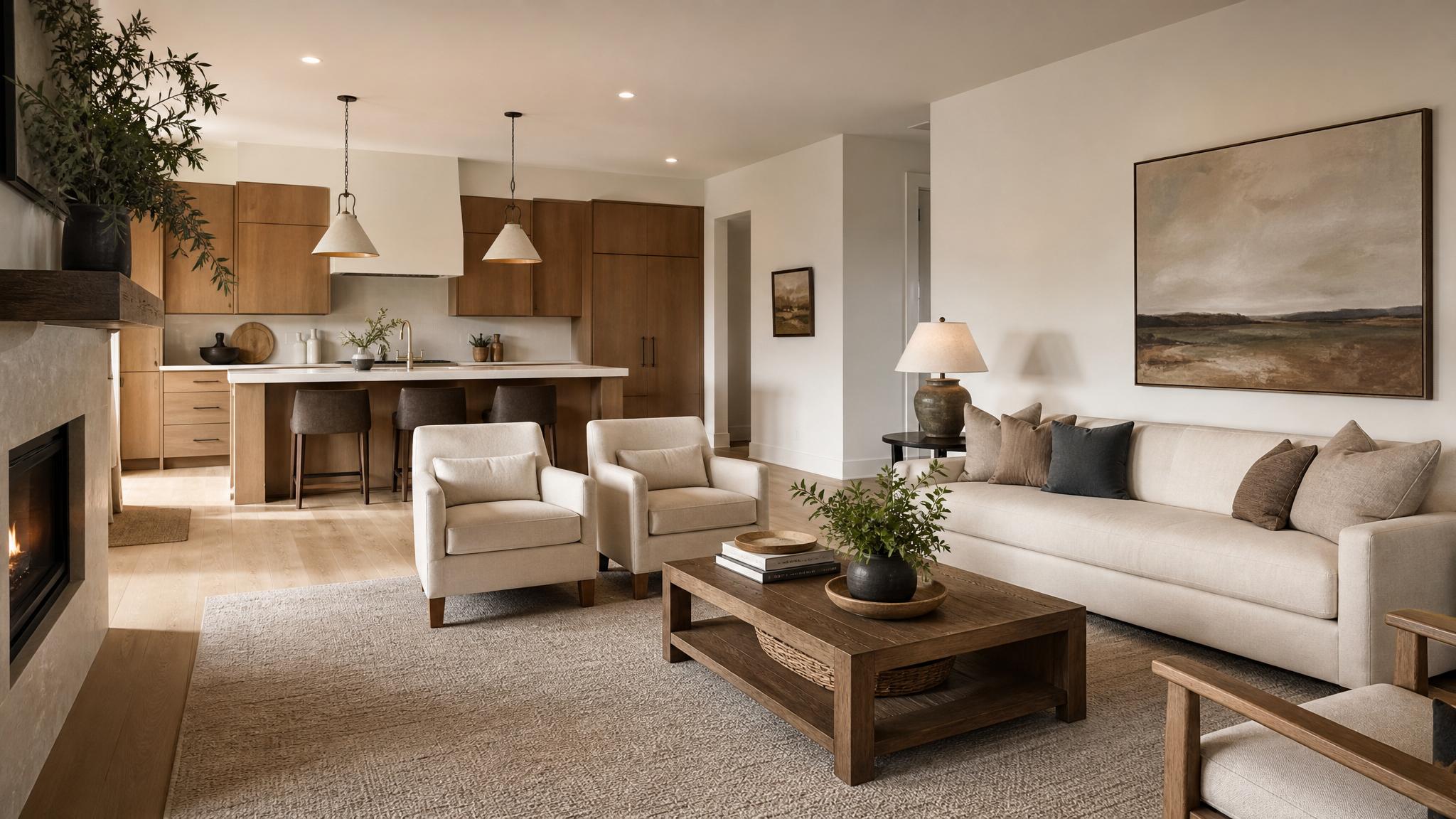 Image for open-plan living room showcasing a quiet luxury paint palette