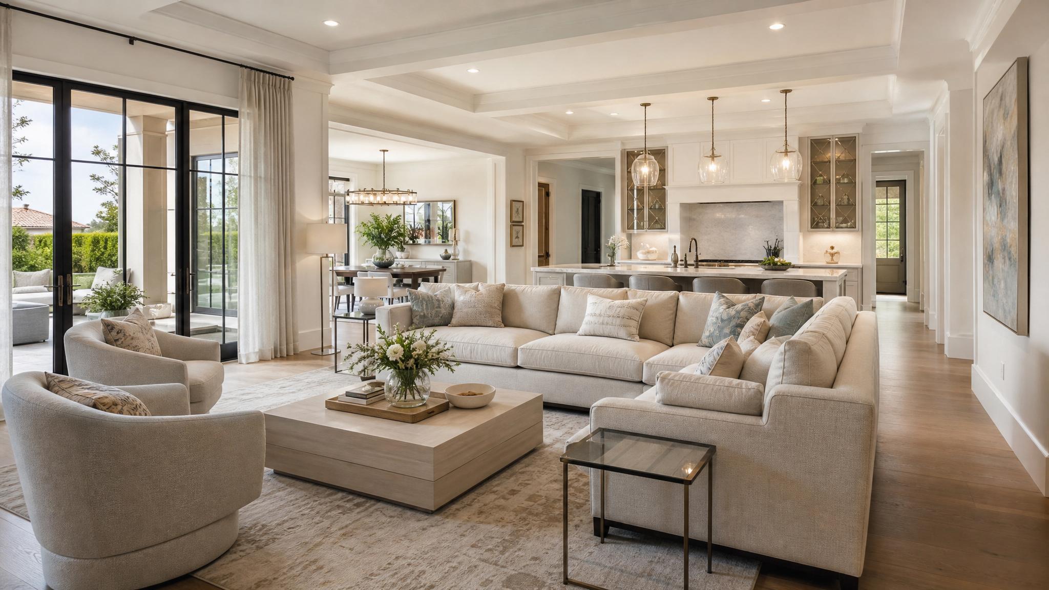 Image of an elegant open-plan living room styled with soft colors and luxury furnishings