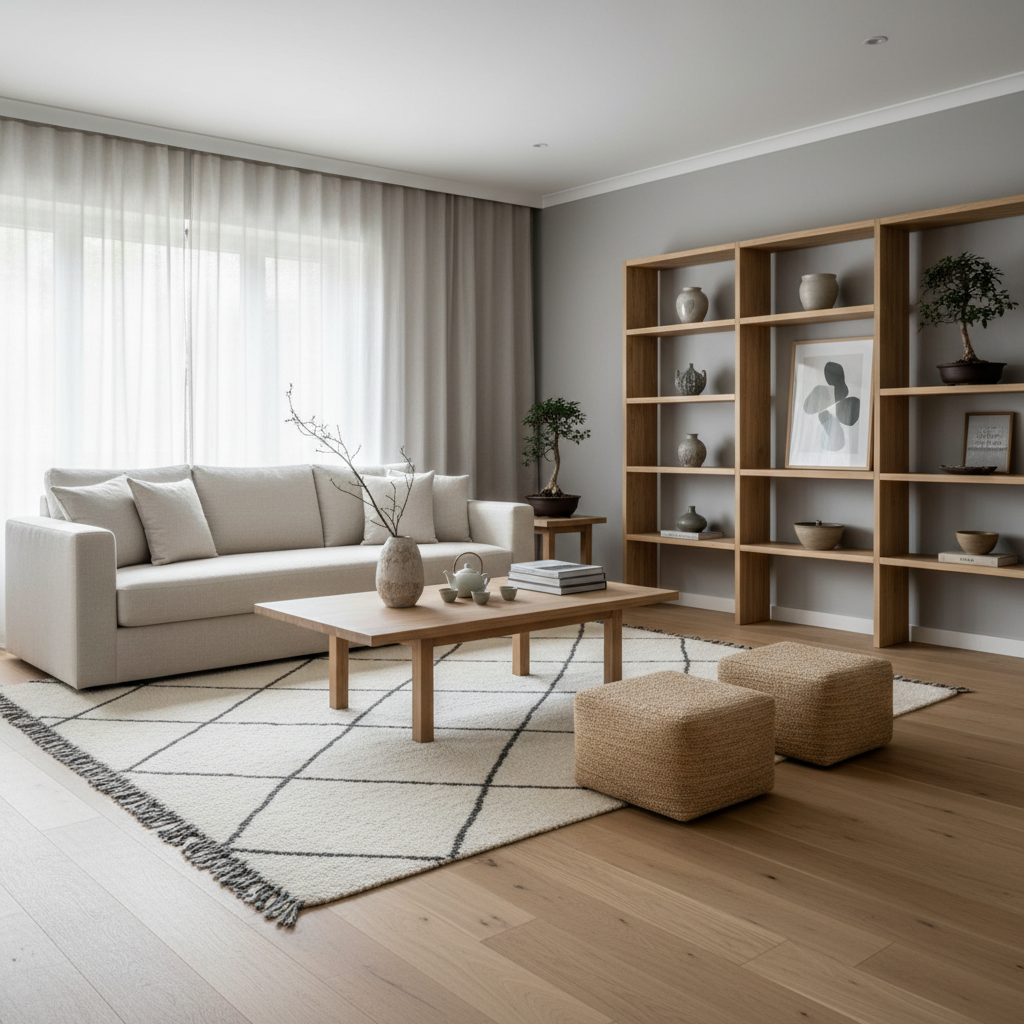 A beautifully staged Japandi living room featuring minimalist furniture, light wood, and subtle decorative elements.
