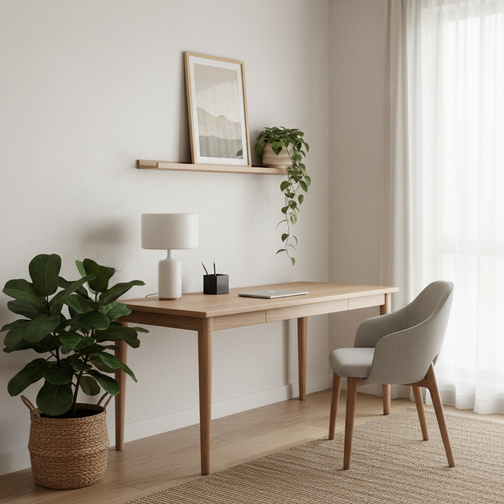 Japandi inspired workspace featuring a sleek desk, minimalist decor, and plants for a touch of nature.