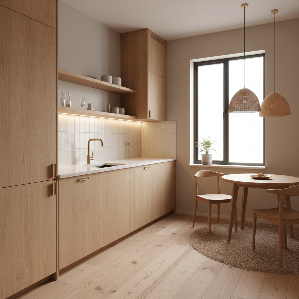 A warm minimalist small kitchen with wooden accents and neutral colors.