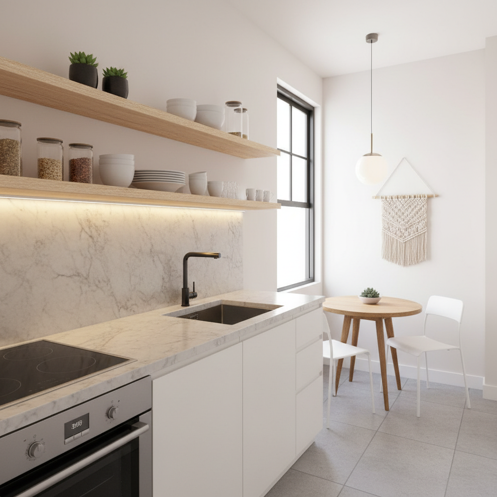 An organized small kitchen with open shelves and minimalist decor.