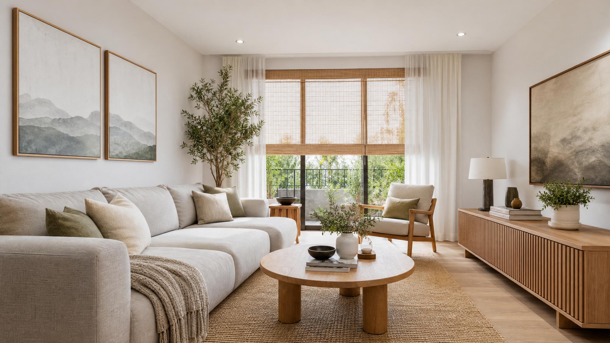 After - transformed small living room showcasing Japandi style with light colors and natural textures.