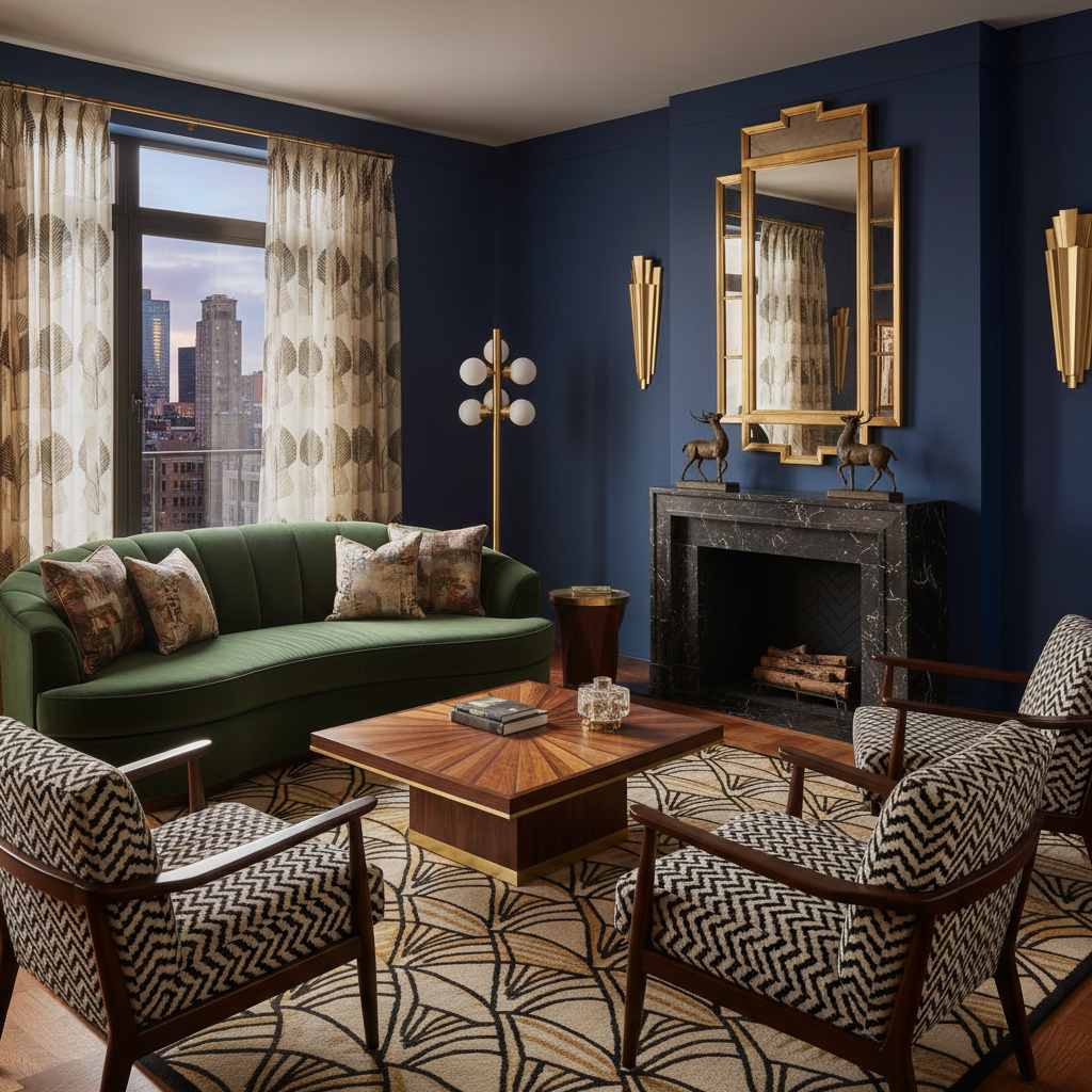 Art deco style living room with bold geometric furniture and luxurious textiles.