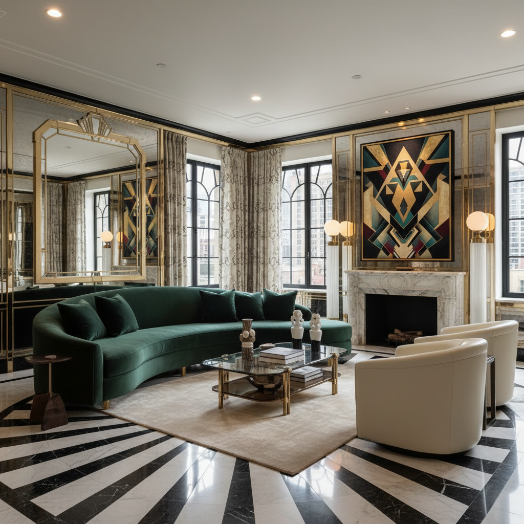 AI-generated interior design artwork showcasing art deco style.