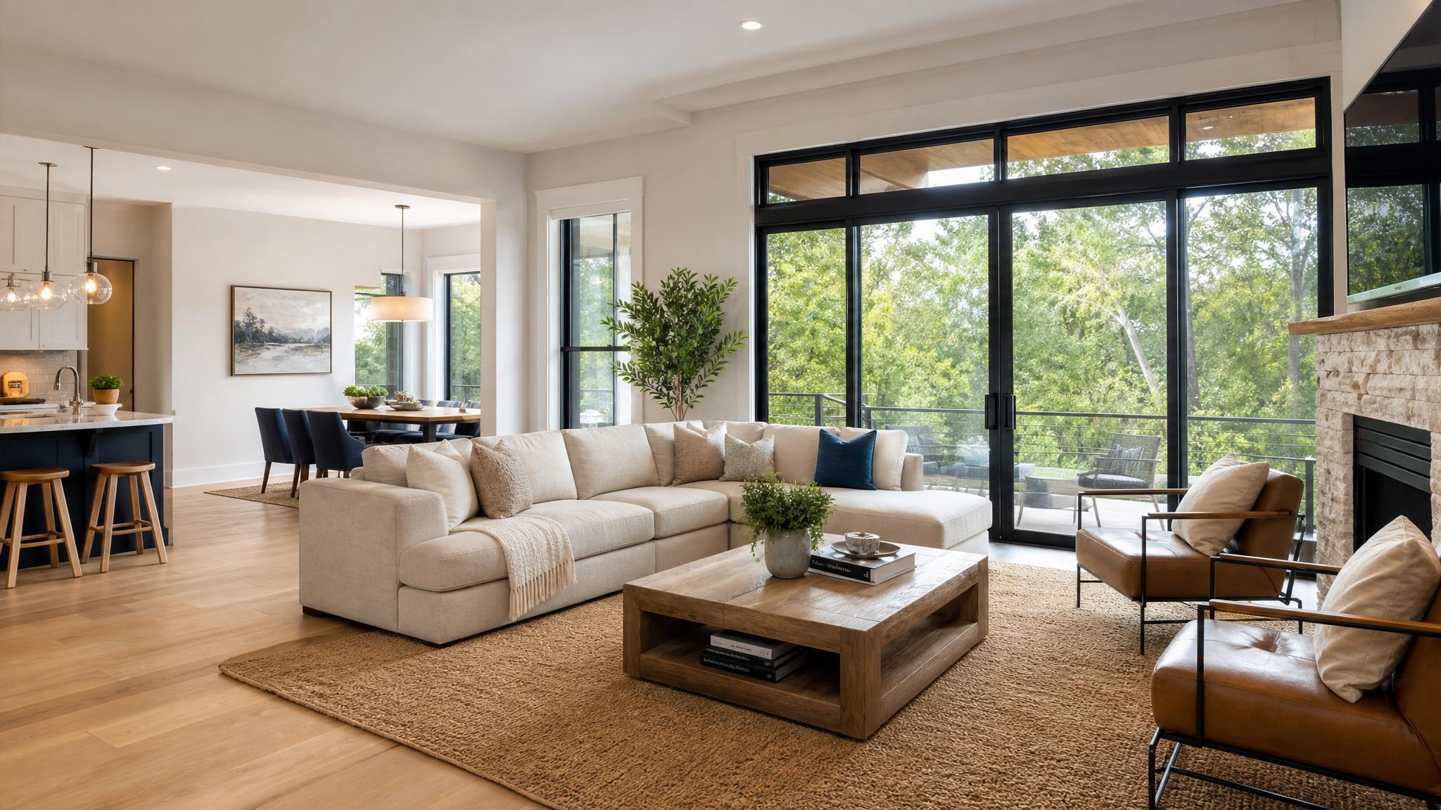 Image of a beautifully staged modern open-plan living room.
