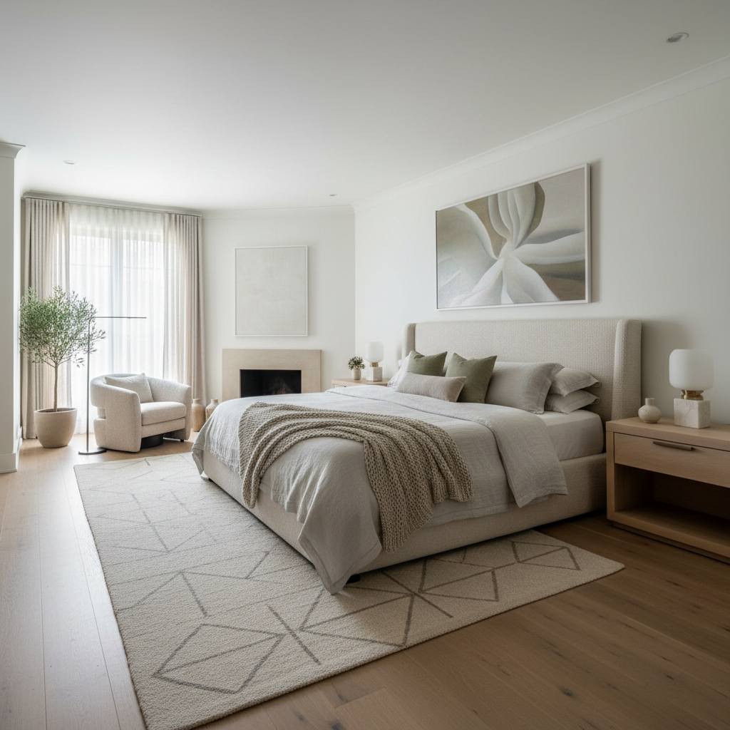 A serene master bedroom showcasing quiet luxury with subtle decor.