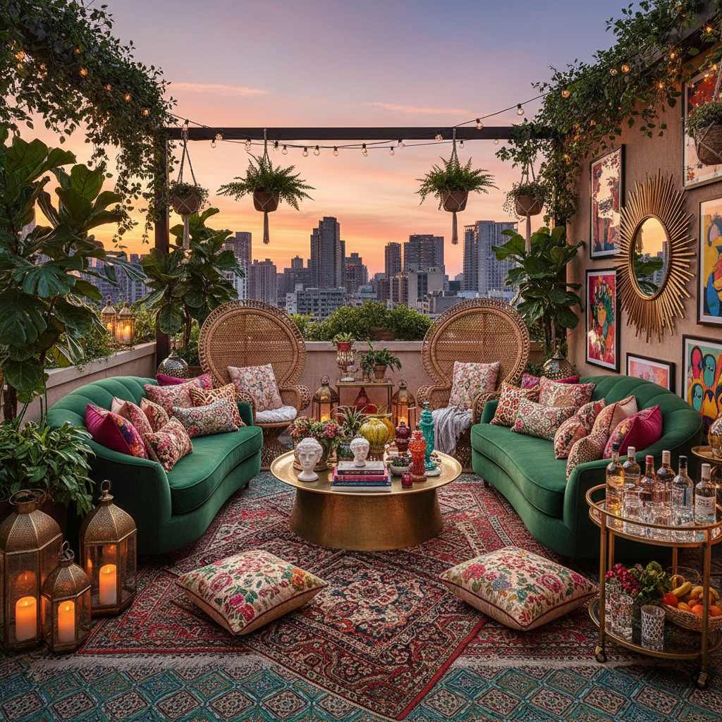 Maximalist terrace furniture and decor