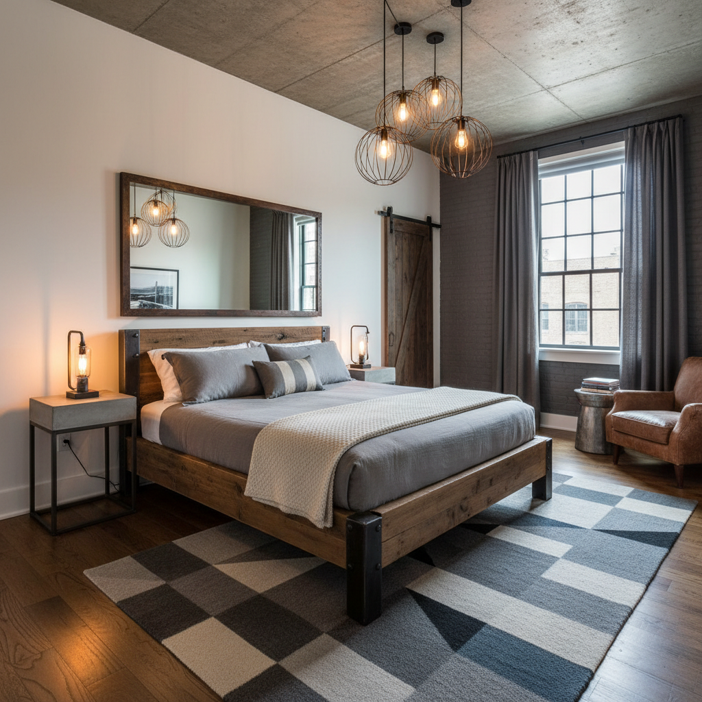 An industrial-style guest bedroom featuring metal accents, wooden furniture, and ambient lighting.