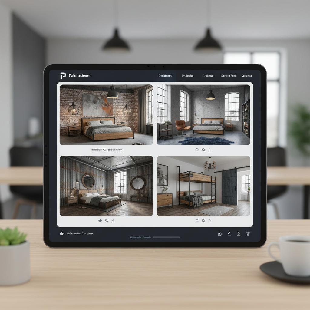 A screenshot of Palette.immo interface showcasing AI-generated designs for an industrial guest bedroom.