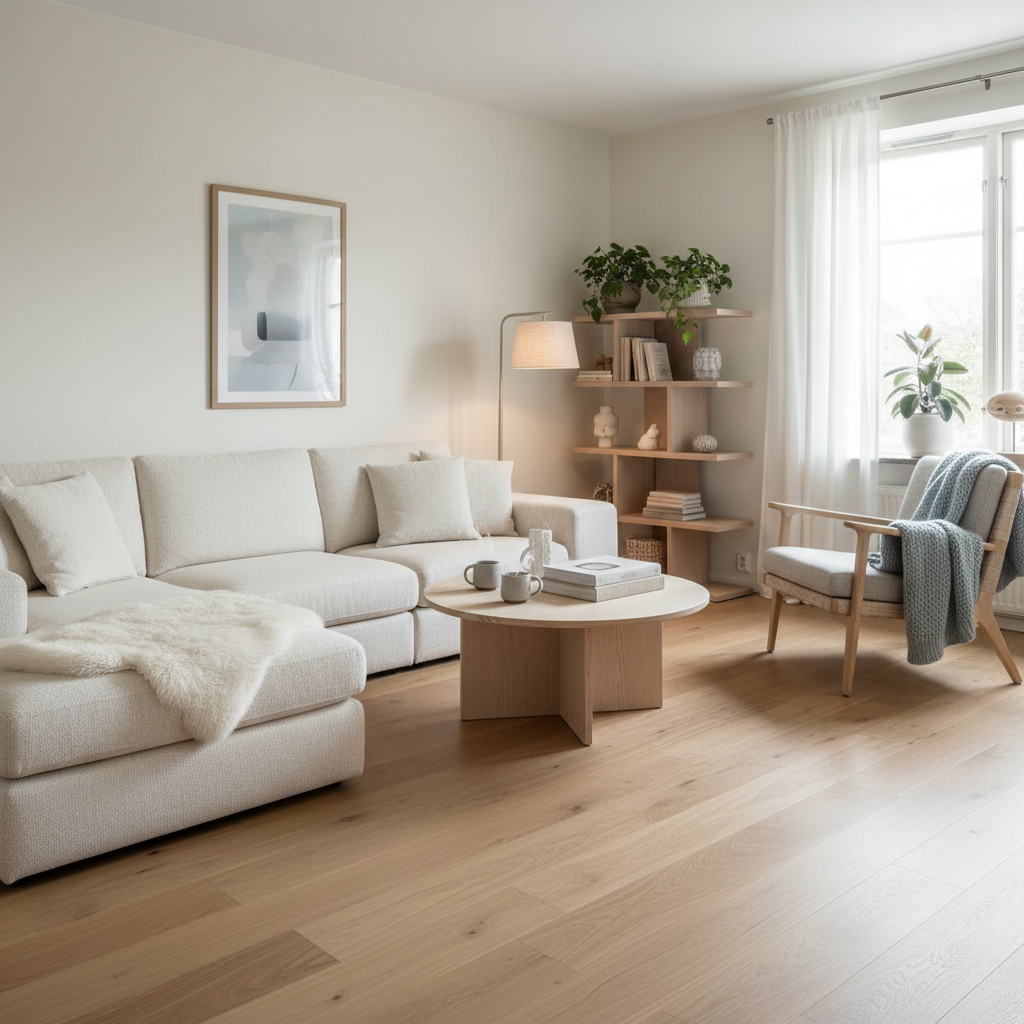 A cozy Nordic living room with light colors and wooden furniture.