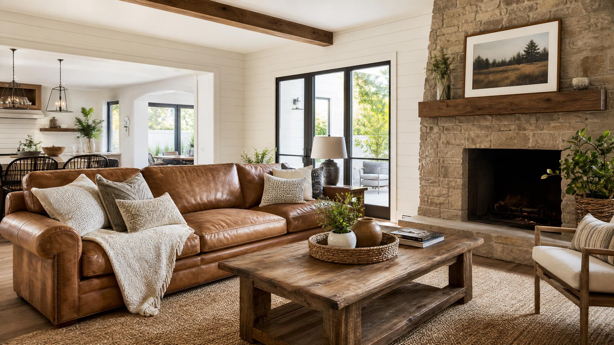 Image of a cozy farmhouse living room featuring a large leather sofa and a wooden coffee table.