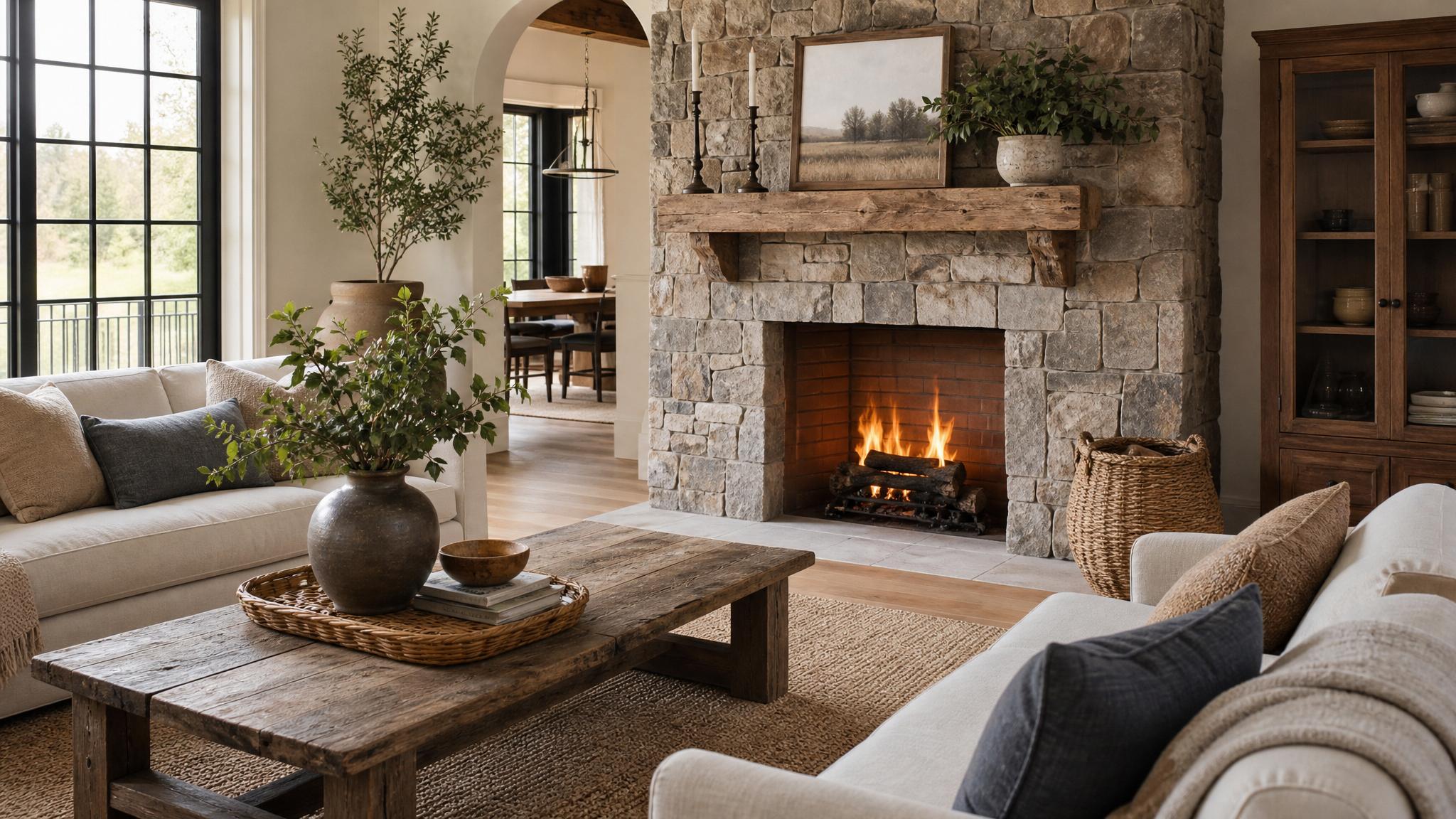 Image of a farmhouse-style living room with a stone fireplace and wooden accessories.