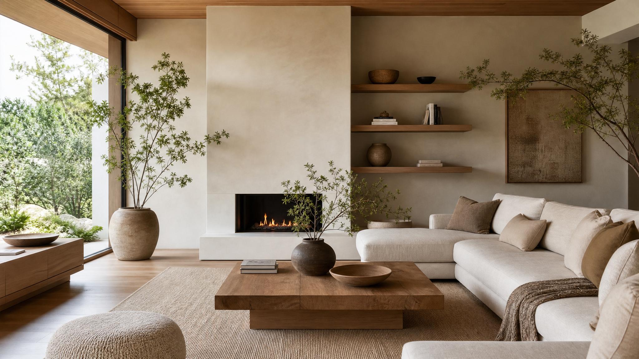 Image of a Japandi-style living room showcasing minimalist design with natural materials.