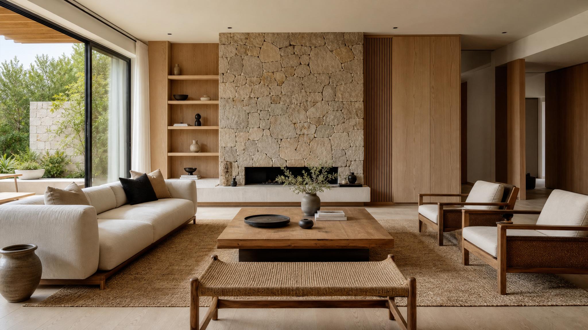 Image of natural materials used in Japandi design within a luxurious living space.