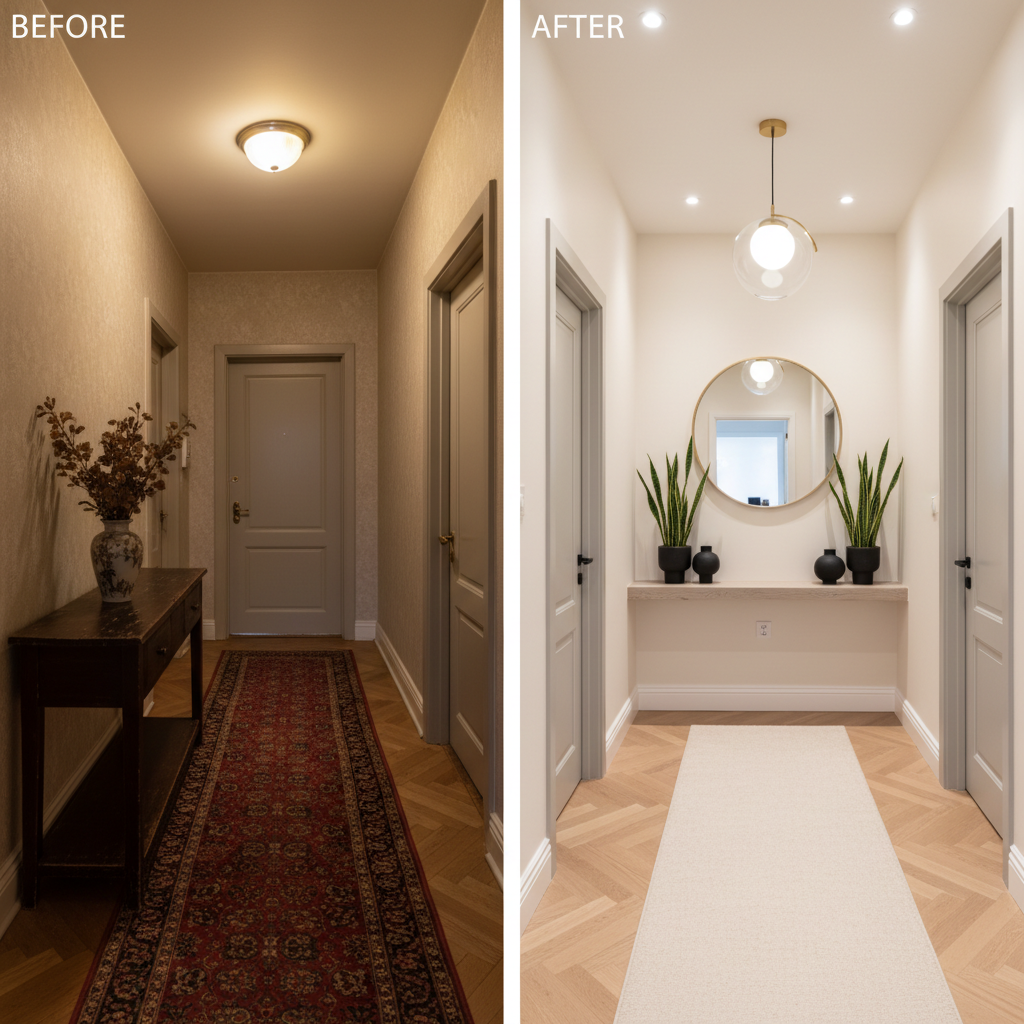 Before and after transformation of a hallway using AI design