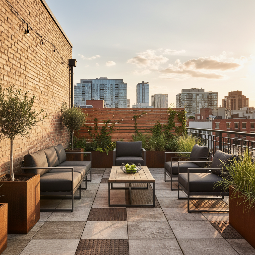 An industrial-style terrace with metal furniture and wooden elements.
