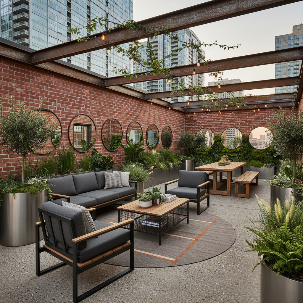 A well-arranged industrial terrace showcasing plants, metal furniture, and wood decor.