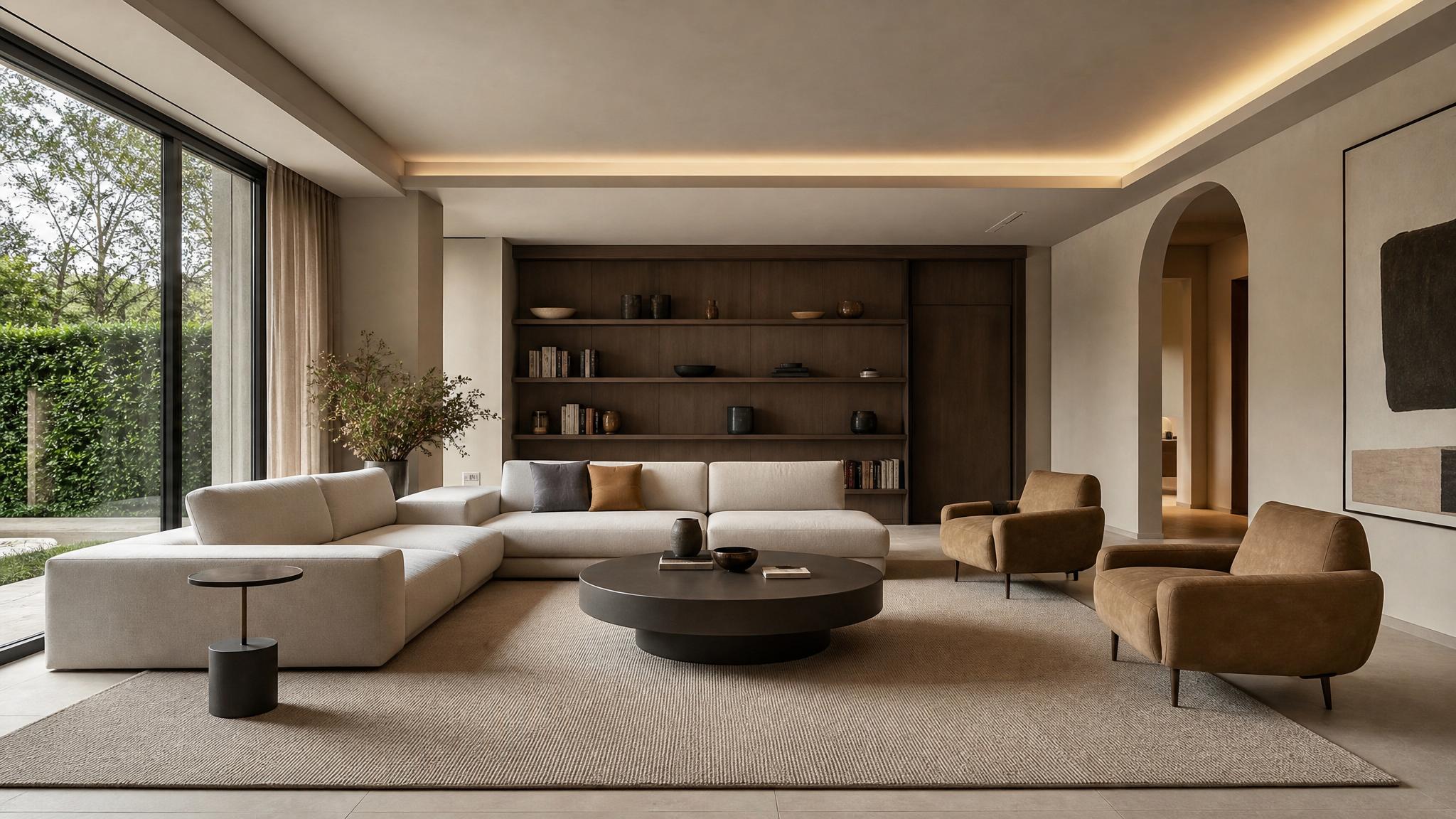 A beautifully designed modern Italian living room showcasing minimalist furniture and neutral colors.