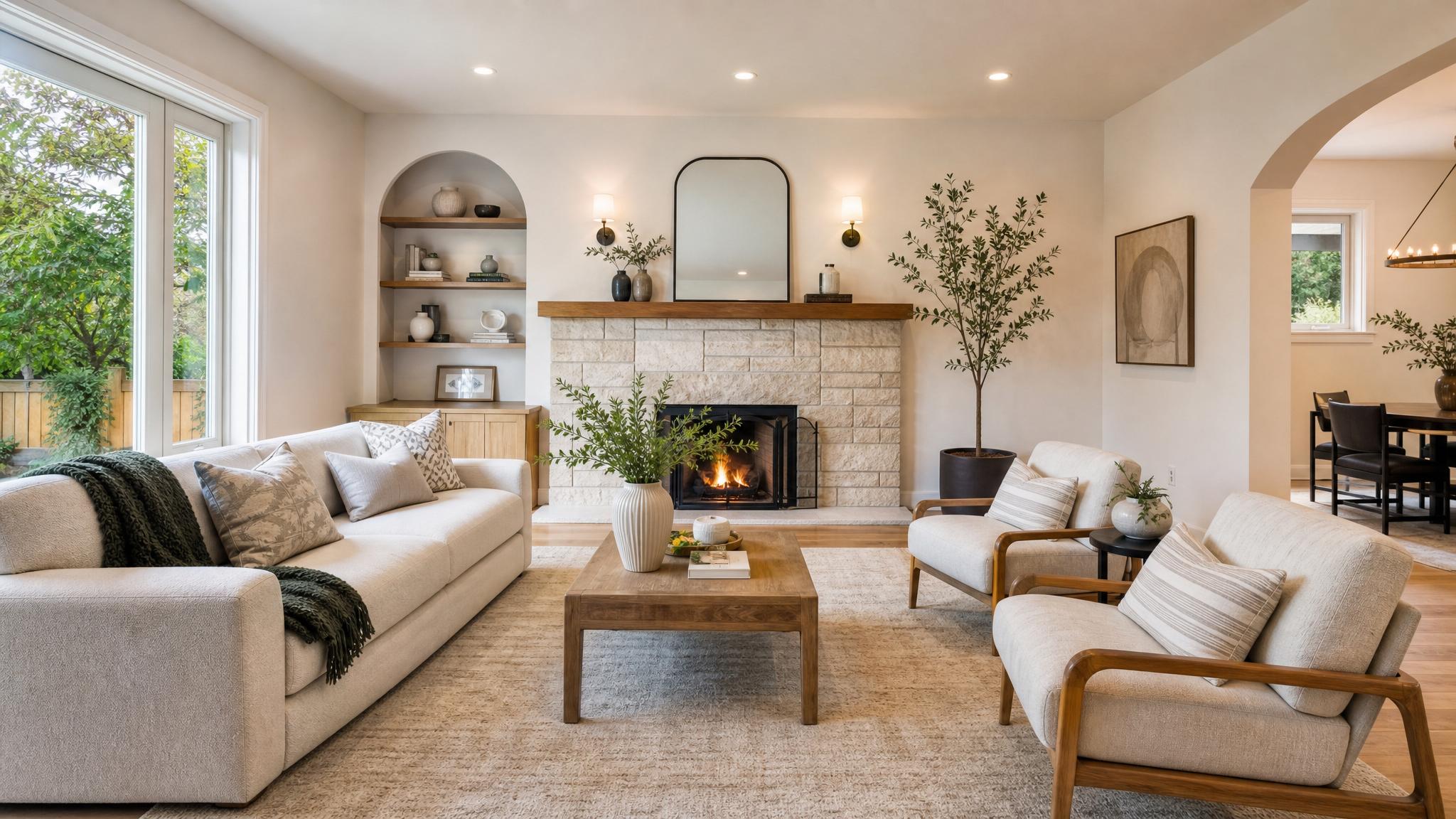 Image of a well-lit living room with professional staging.