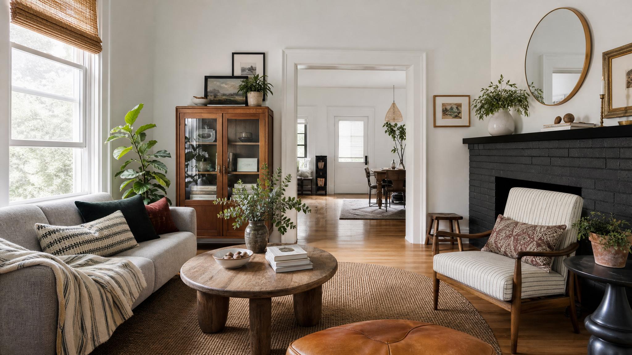 An eclectic small living room with mixed furniture styles.