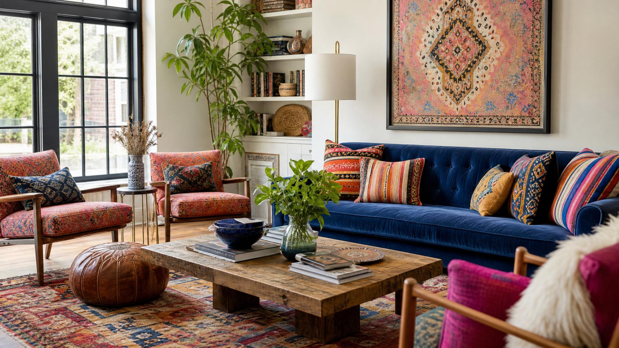 Colorful textiles and patterns in an eclectic living room.