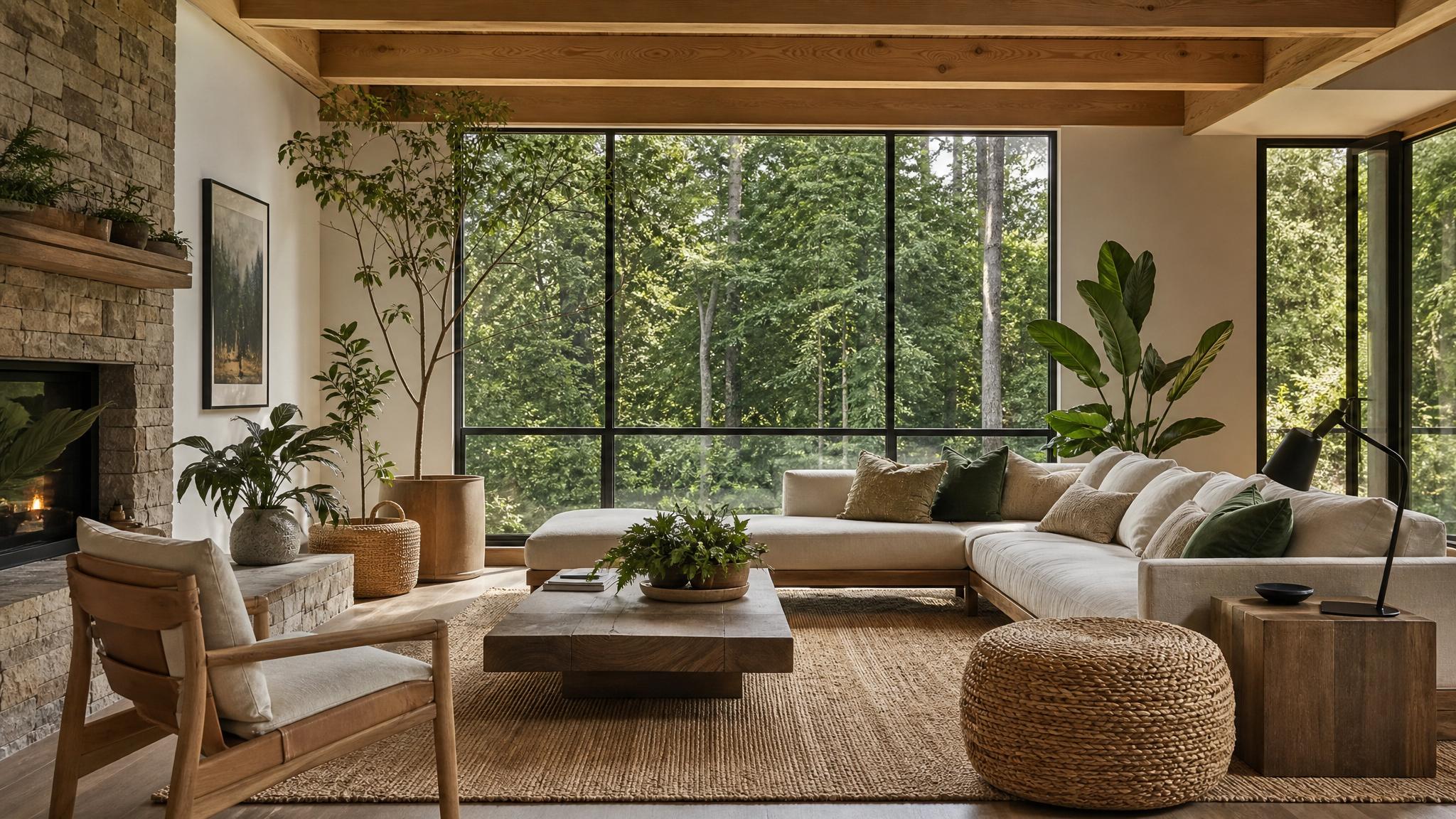 Image of a biophilic living room with greenery and natural light.