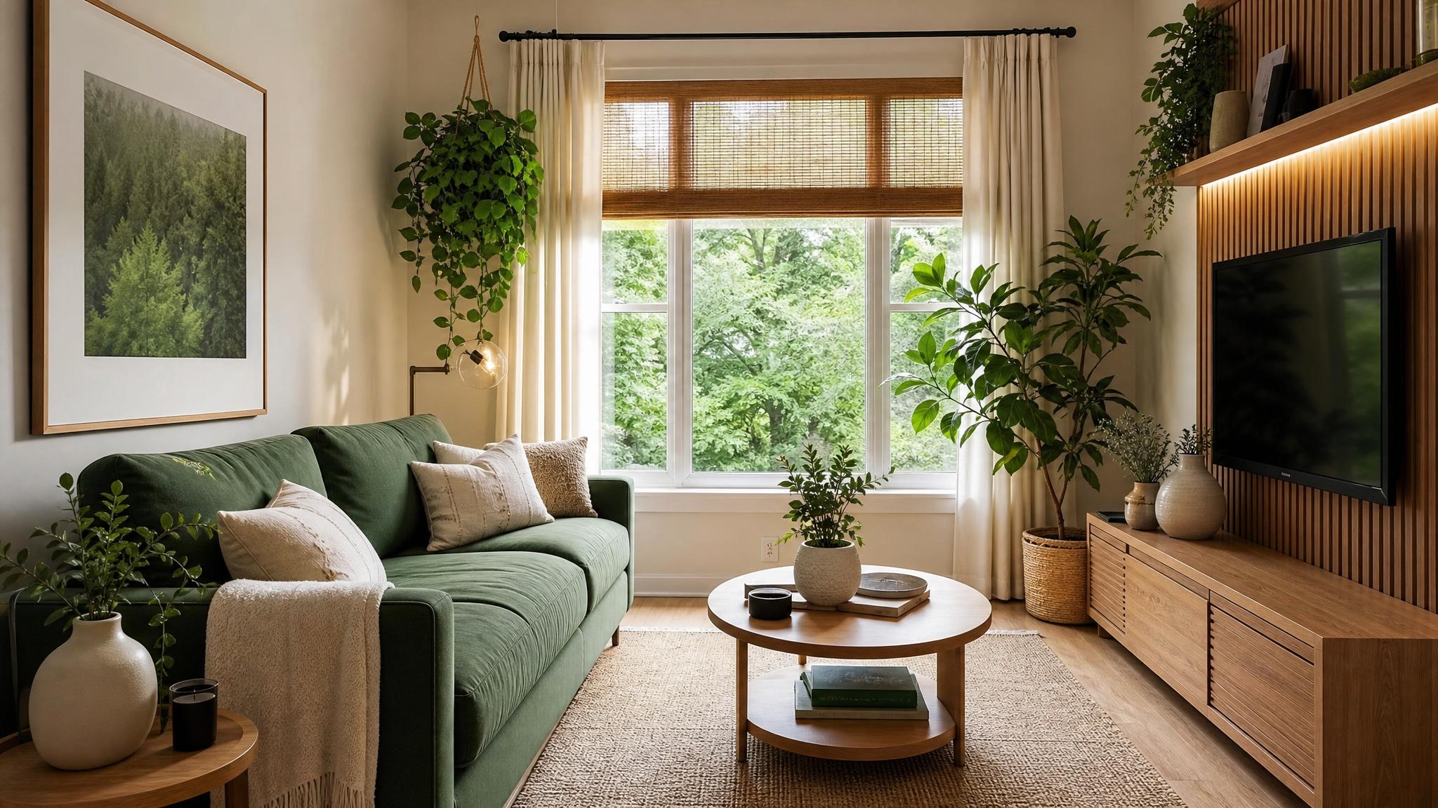 Cozy small living room designed with biophilic elements.