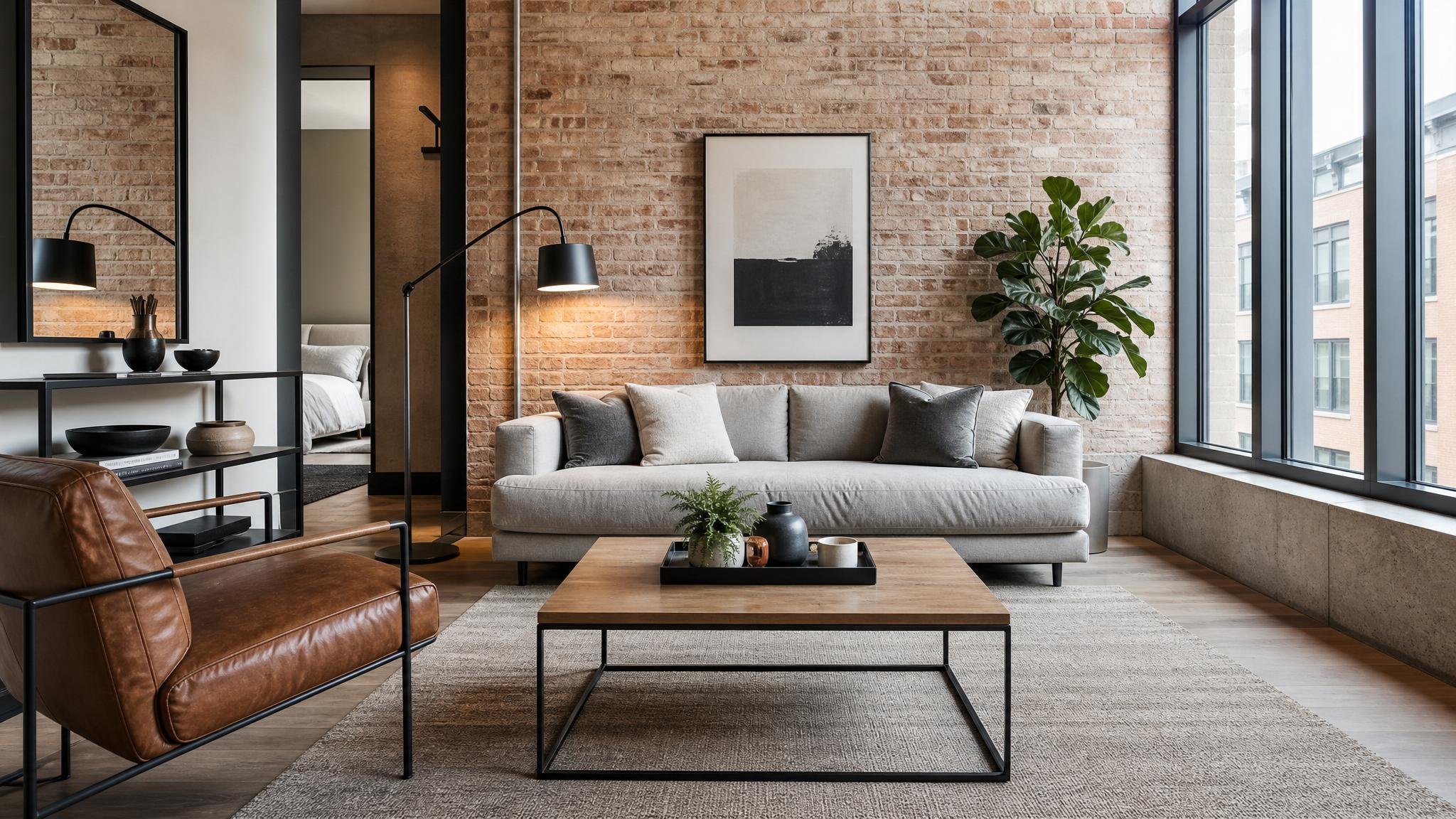 A stylish small living room layout in a loft with contemporary furniture.