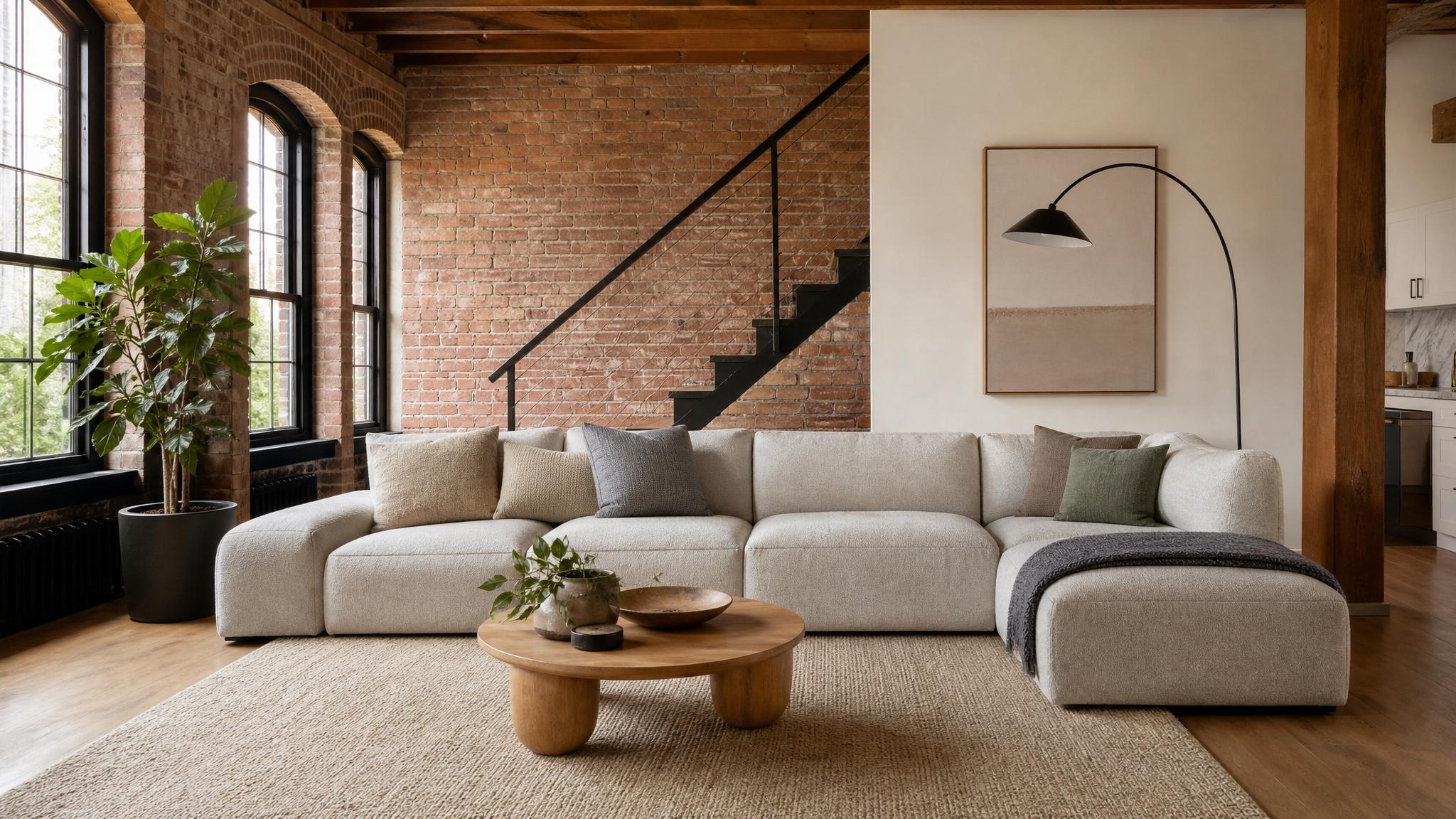A modular furniture setup in a cozy loft living room.